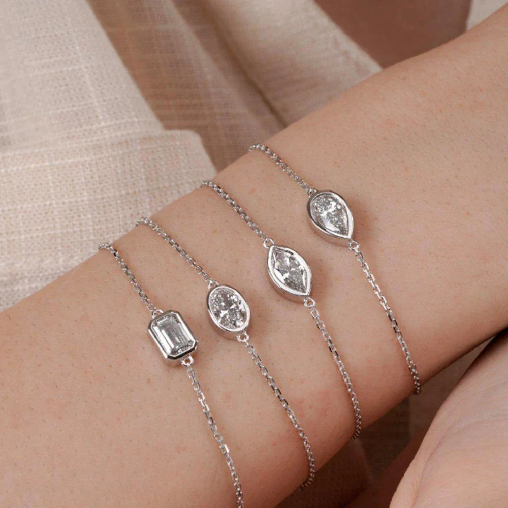 1/2CT Bezel Set Pear Oval Cut Moissanite Solitaire Link Bracelet Women S925 Silver Dainty Diamond Bridal Wrist Chain Gift