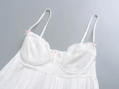 White Spliced Embroidery Lace Bra Corset style Mini Dress Women Backless Party Skater Short Sling Robe Holiday
