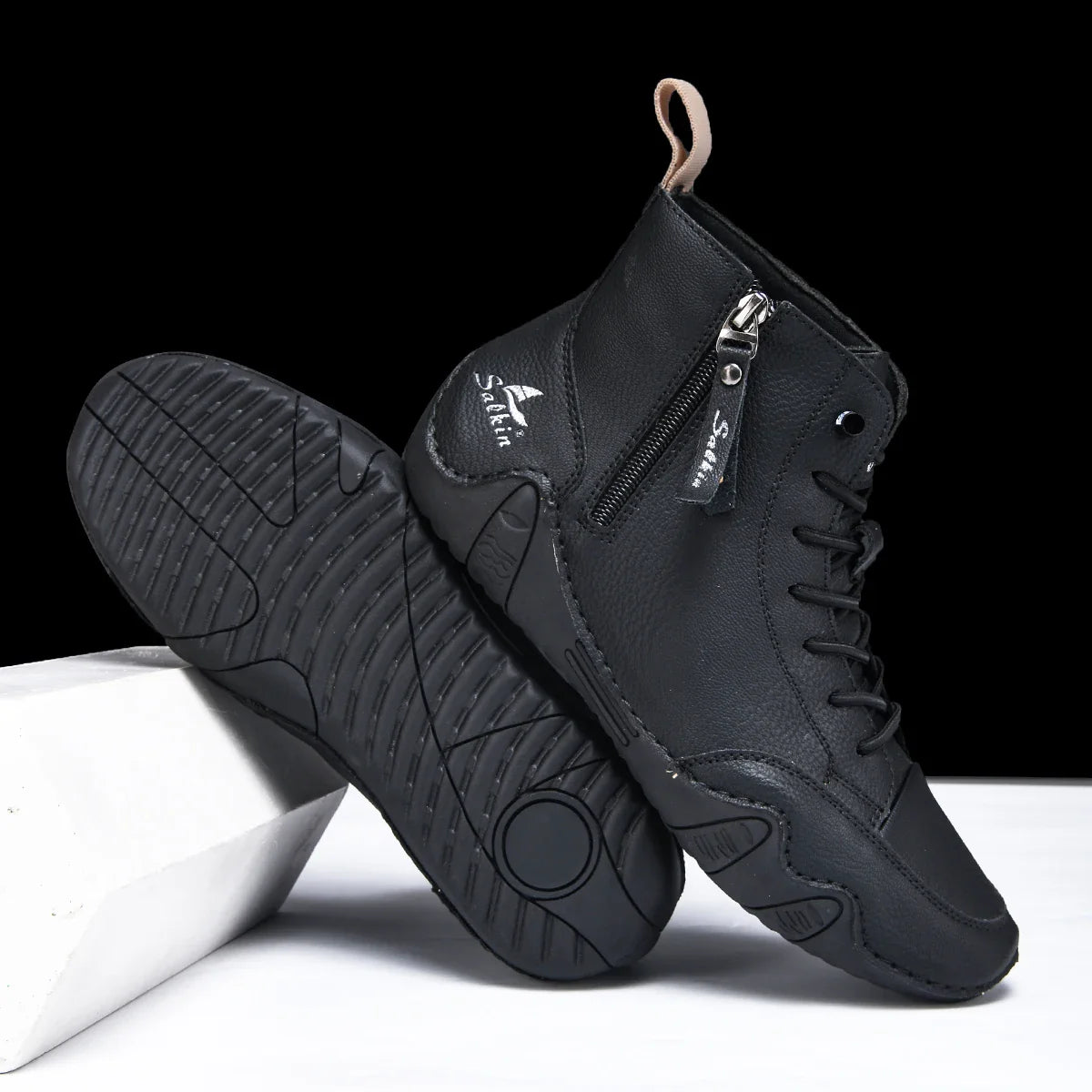 New 2025 Handmade Casual Shoes Men Sneakers Ankle Boots Leather Side Zipper Comfortable Breathable Anti-Slip Outdoor Walking