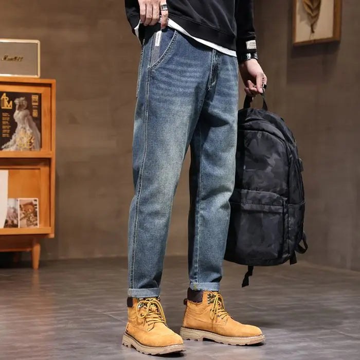 Retro American Style Men's Jeans Loose Fit Heavy Casual Slim Leg Cotton Pants Elastic Waist Korean Denim Jeans for Spring Autumn