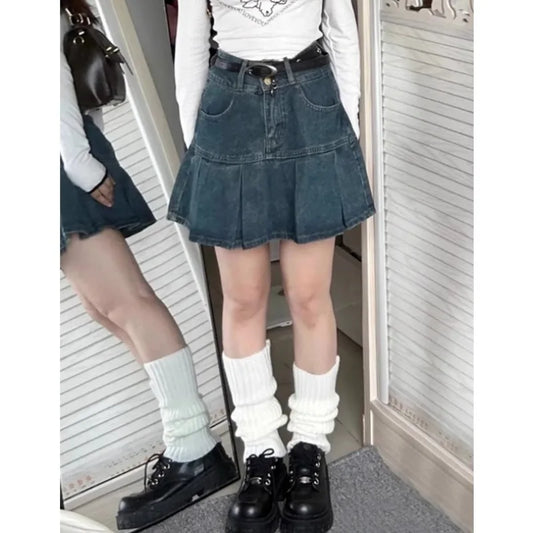 Vintage Wash Blue Denim Skirt Shorts for Women High Waist A-Line Slim Fit Korean Summer Fashion Mini Jeans Ruffle Skir