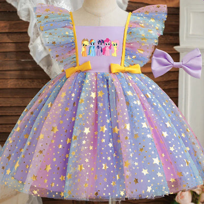 Vestido de Princesa My Little Pony para Meninas Lantejoulas Estrela Babados Laço Tutu Roupa Formal de Bebê Baile Gala Fantasia Infantil para Festas