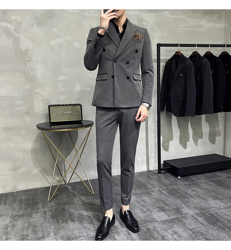 ( Blazers + Pants ) Boutique Fashion Solid Color Double-breasted Men's Casual Business Slim Suit 2-piece Set Groom Wedding Dress