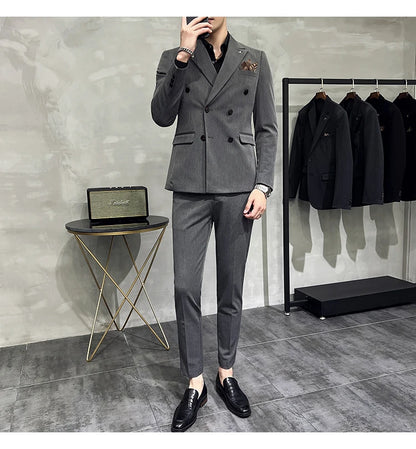 ( Blazers + Pants ) Boutique Fashion Solid Color Double-breasted Men's Casual Business Slim Suit 2-piece Set Groom Wedding Dress