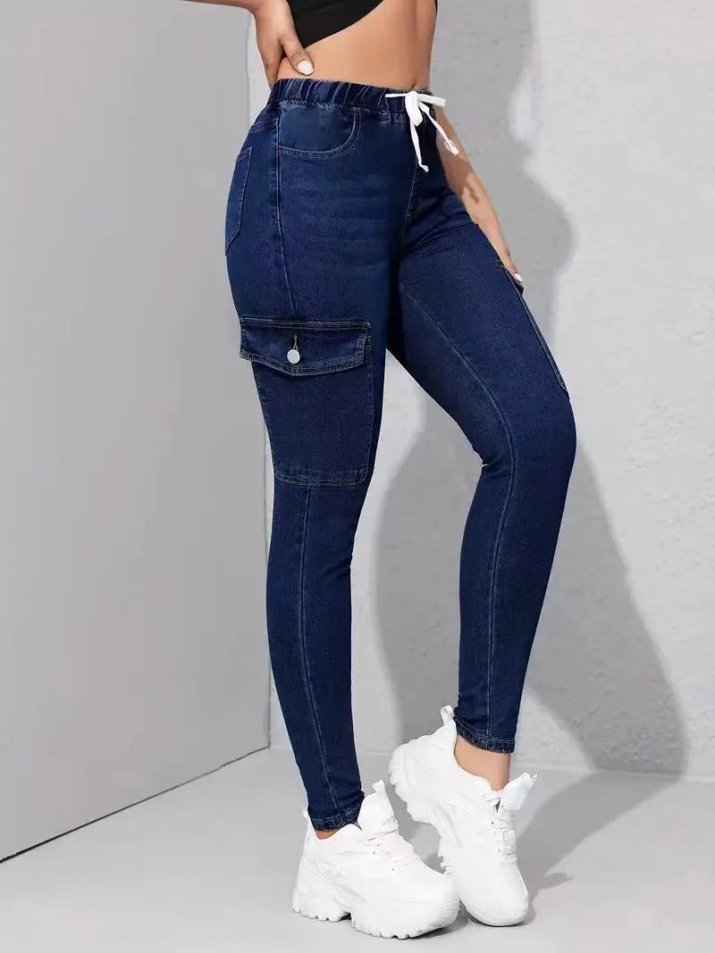 Women's multi-pocket elastic jeans, high-waisted skinny ankle jeans