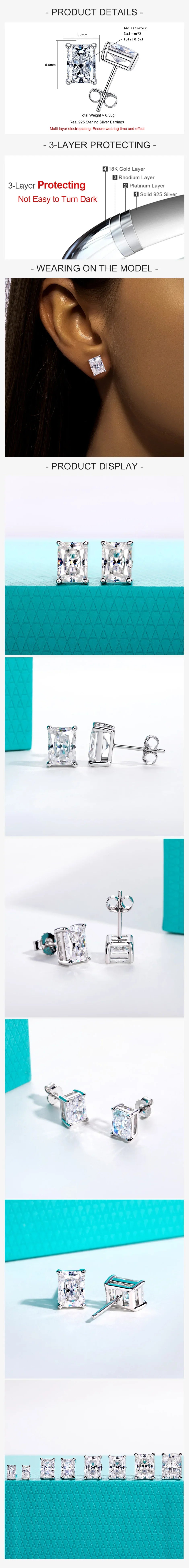 1cttw-6cttw Radiant Moissanites Earrings 925 Sterling Silver D Color VVS1 Moissanite Classic Stud Earrings for Woman