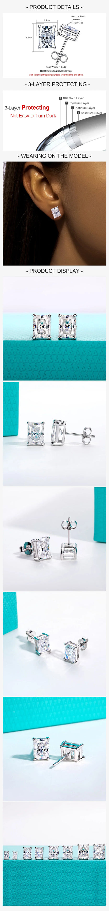 1cttw-6cttw Radiant Moissanites Earrings 925 Sterling Silver D Color VVS1 Moissanite Classic Stud Earrings for Woman