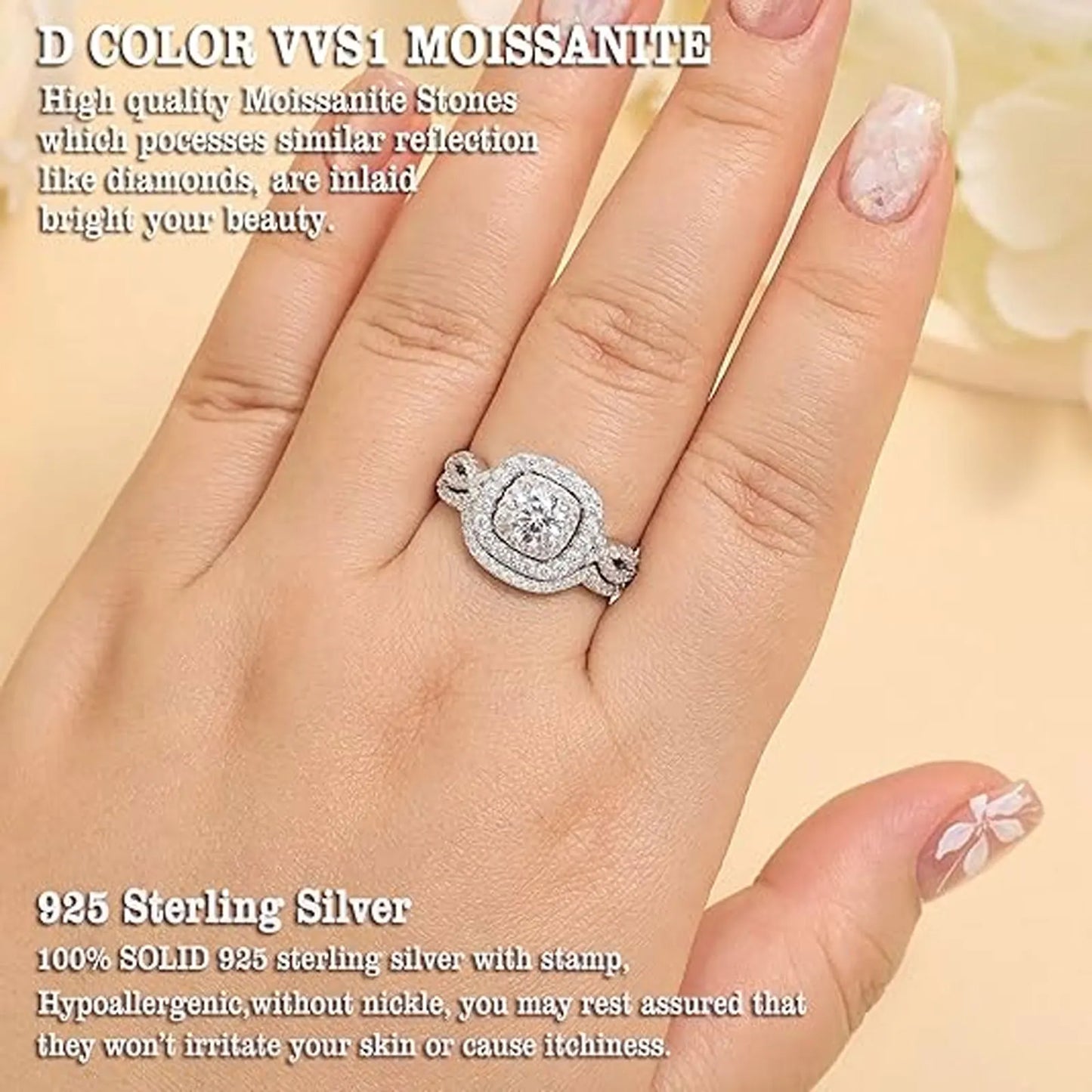 2Pcs Halo Round Cut Moissanite Wedding Ring Set for Women Solid 925 Sterling Silver Zircons Luxury Bridal Rings