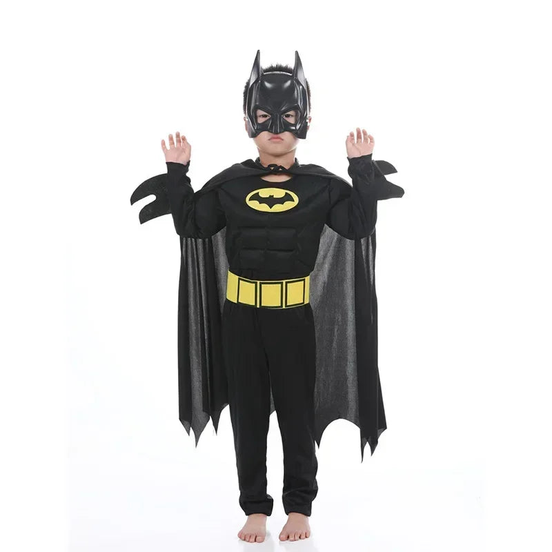 Kids Boys Muscle Costume with Mask Cloak Movie Character Superhero Cosplay Halloween Kids Bat Cosplay Jumpsuit Hero Costume Suit
