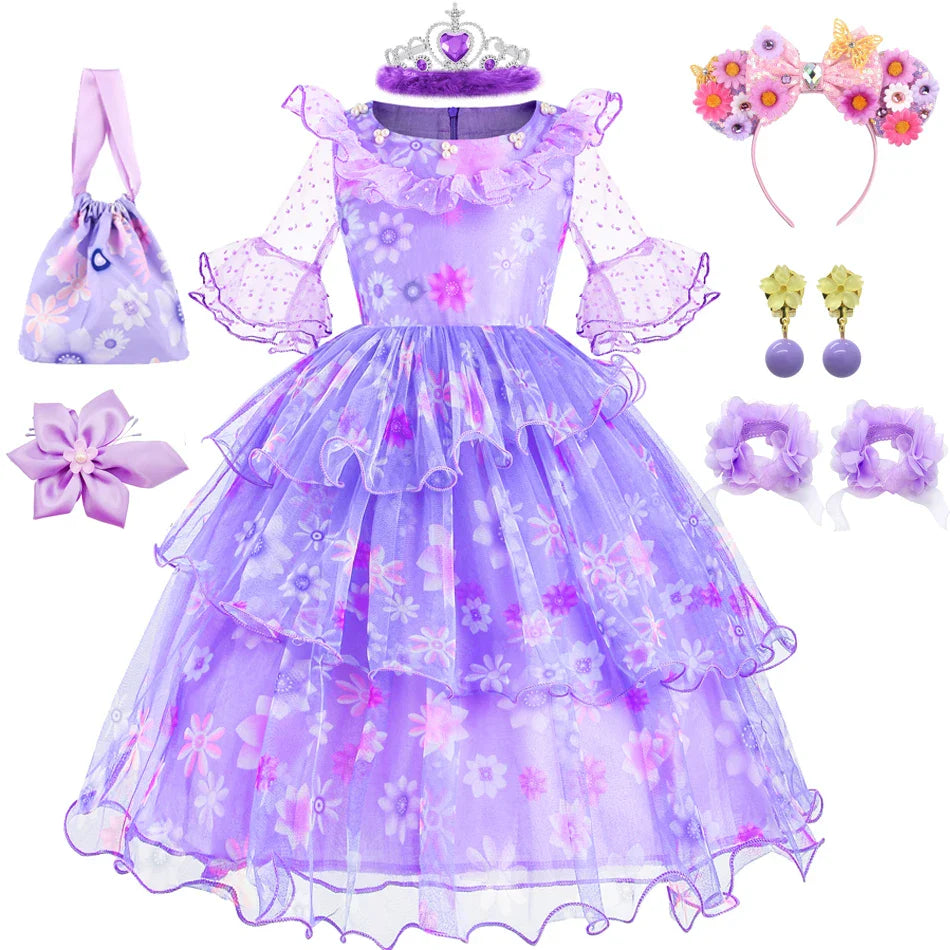 Encanto Isabela Costume Dress For Kids Girl Flare Sleeve Princess Dress Fiower Gown Halloween Christmas Birthday Party Outfits
