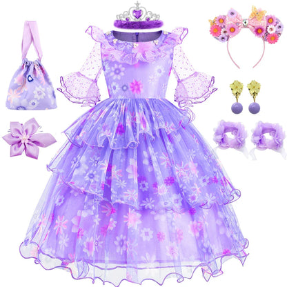 Encanto Isabela Costume Dress For Kids Girl Flare Sleeve Princess Dress Fiower Gown Halloween Christmas Birthday Party Outfits