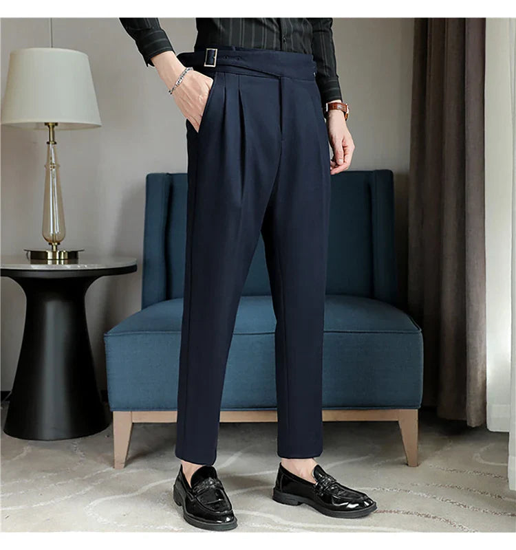 Luxury Men's Slim High-Rise Dress Pants - Heavyweight Subtle Stripe with 3D Pleats & Naples Tailoring
