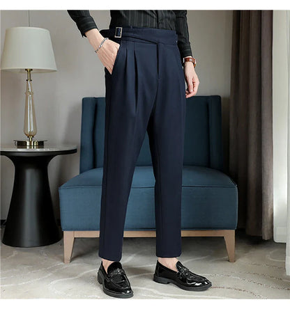 Luxury Men's Slim High-Rise Dress Pants - Heavyweight Subtle Stripe with 3D Pleats & Naples Tailoring
