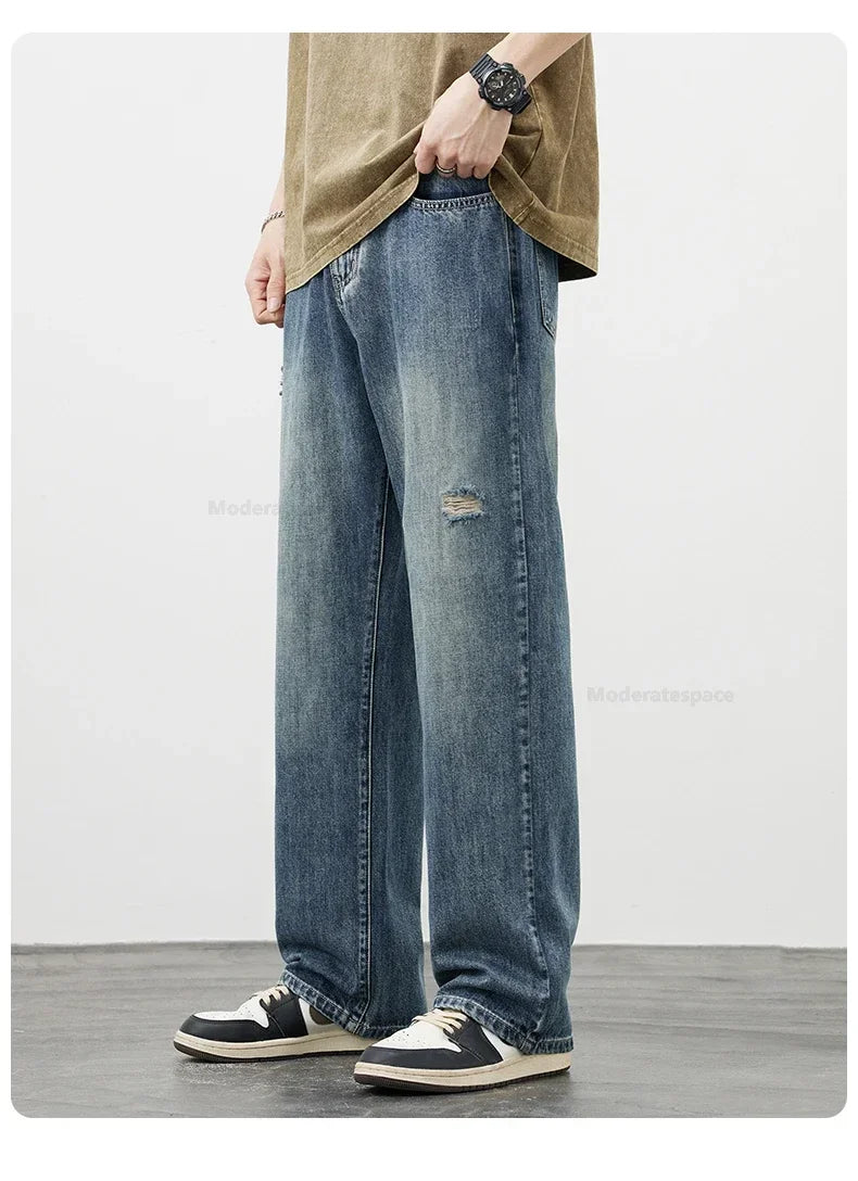 Korea Baggy Cargo Jeans Men Vintage Straight Ripped Y2k Pants Fashion Frayed High Street Distressed Denim Trousers Male Clothes