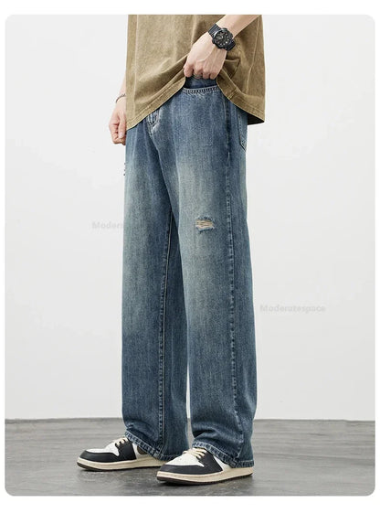 Korea Baggy Cargo Jeans Men Vintage Straight Ripped Y2k Pants Fashion Frayed High Street Distressed Denim Trousers Male Clothes