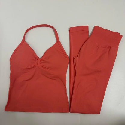 Set of 2 pieces of women's yoga mesh, sleeveless tops with open back, high-waisted gym suit, fitness clothing, yoga set
