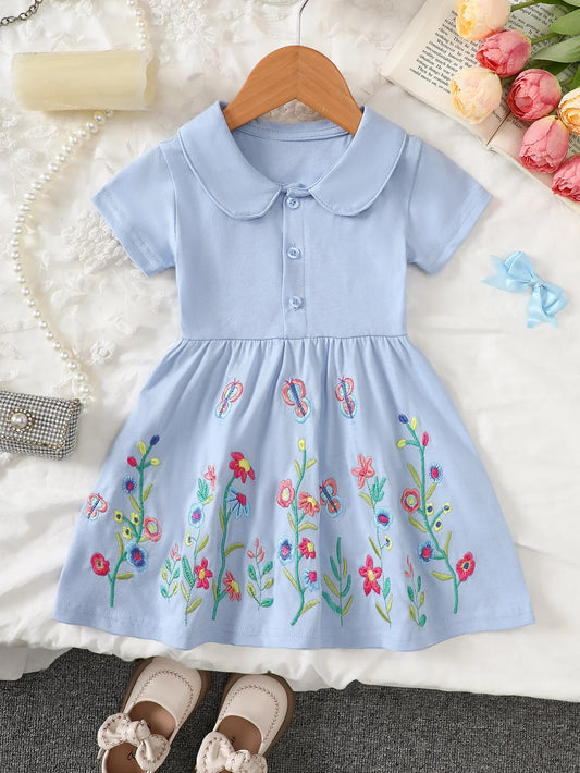 Girls' Short-Sleeved Dress with Floral Embroidery and Lapel Collar, Summer Style Sweet Princess Dress, Fresh Pastoral Style Children's Dress