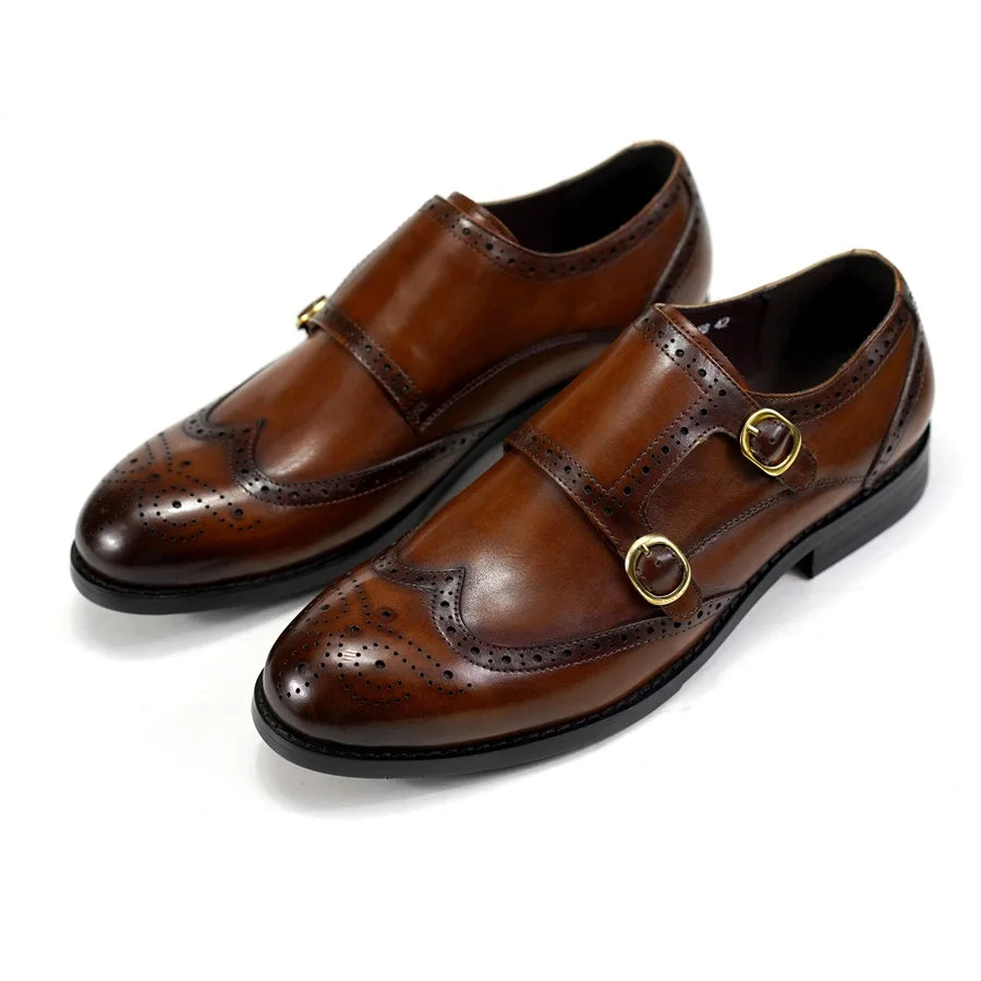 Classic Men Genuine Leather Dress Shoes Brogue Double Buckle Monk Strap Metal Buckle Business Office Wedding Formal Shoes