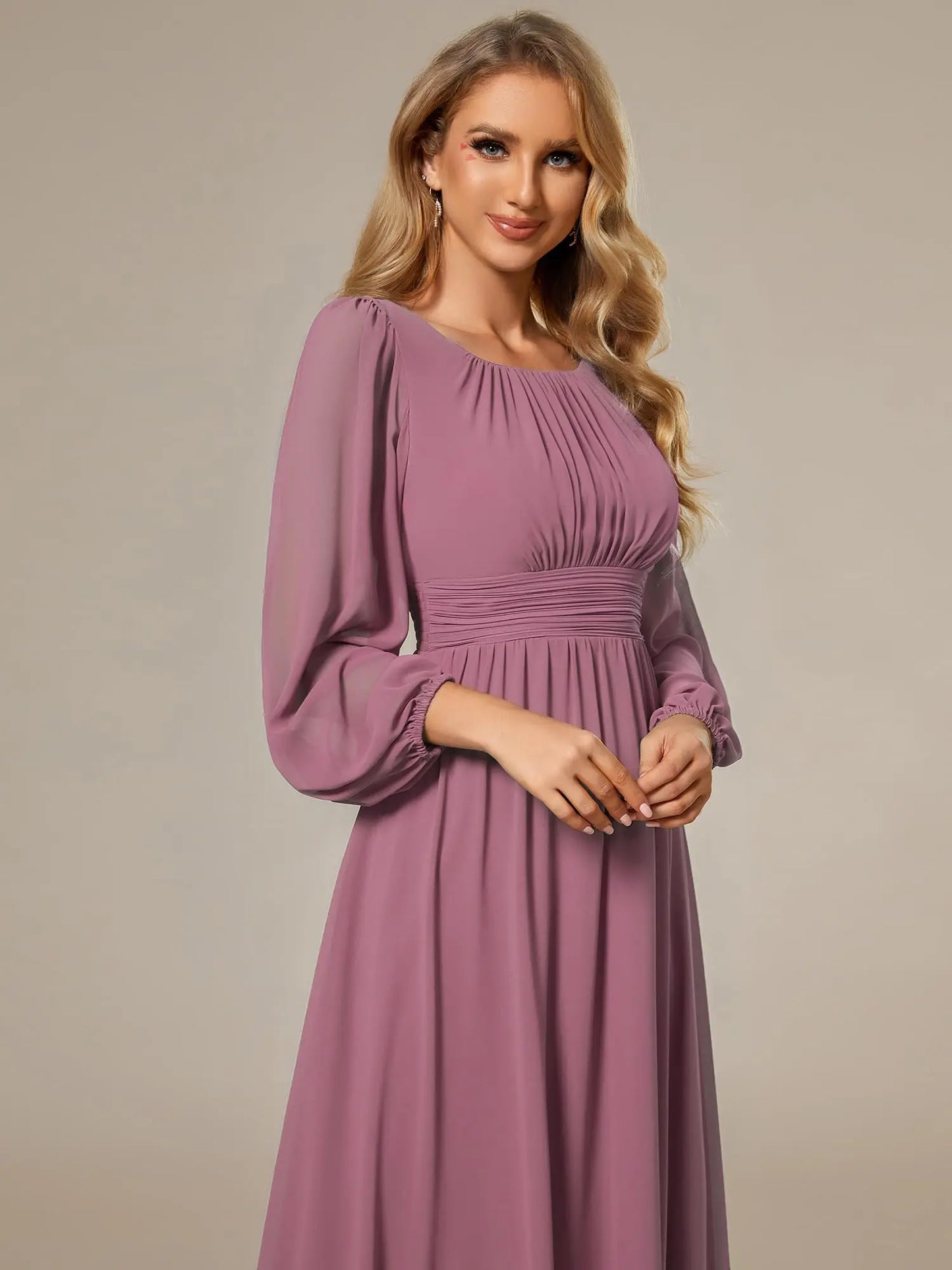 Women's Crewneck Lantern Sleeves Bridesmaid Dresses For Wedding Flowy A-Line Pleated Floor Length Chiffon Formal Evening Dresses