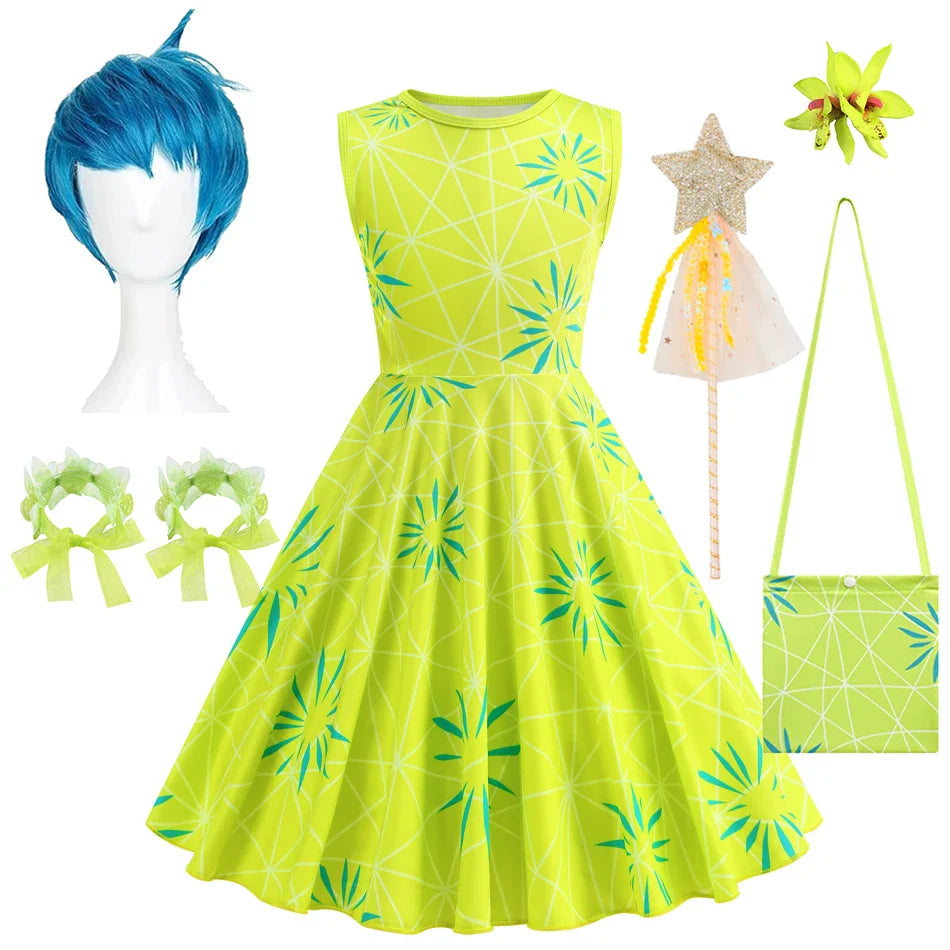 Inside Out Sadness Dress Girls Halloween Joy Cosplay Costume Children Cartoon Movie Role Play Print Frock Kid Fantasy Party Gown