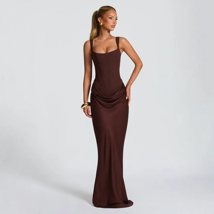 Women's casual long sleeved slim fit fishbone pure desire suspender jumpsuit long skirt slim fit solid color hip hugging dress