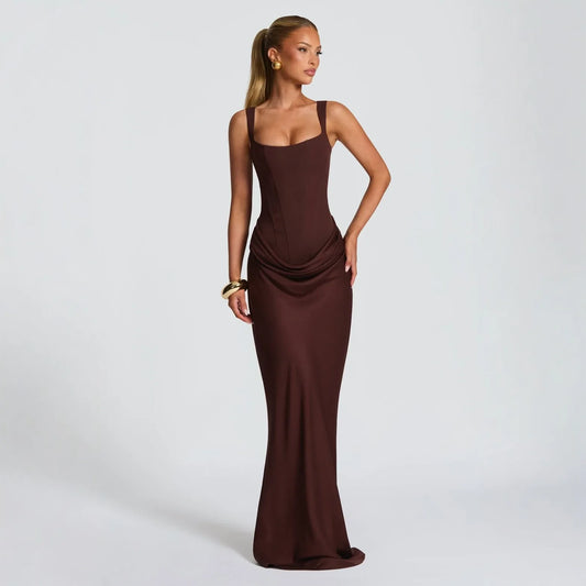 Women's casual long sleeved slim fit fishbone pure desire suspender jumpsuit long skirt slim fit solid color hip hugging dress