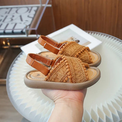 Girls Summer Beach Shoes Ethnic Style Kids Casual Sandals Soft Sole Fashion Children Retro Princess Shoes 2025 Summer New