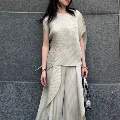 Miyake pleated high-end design fashionable irregular solid color round neck top for women