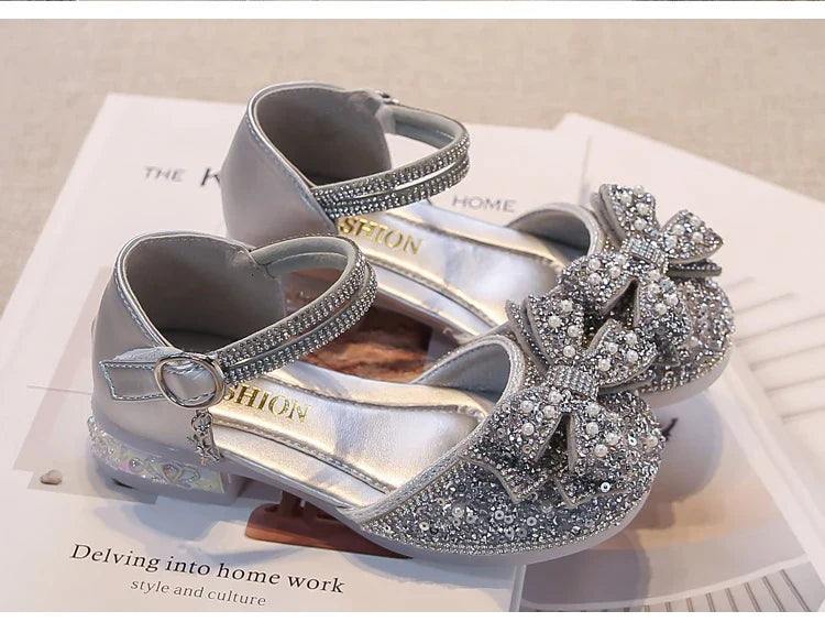 Kid's Sandals high Heels Pumps Rhinestone Bow Silver Party Breathable Shoes For Girl PU Leather Footwear for Kids Size 26-36