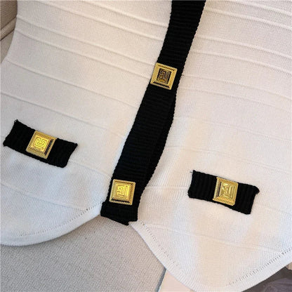 Metal Buttons Patchwork Tank Tops White Crop Top Chic Y2k Sleeveless Summer Knit Tops T-shirt Korean Women's Clothing New