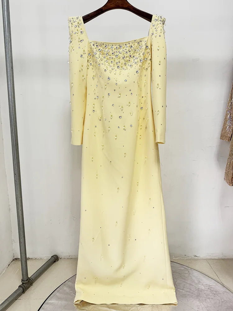 Newest Fashion 2026 Designer Vestido Women's Square Collar Beading Diamonds Long Sleeve Maxi Dress