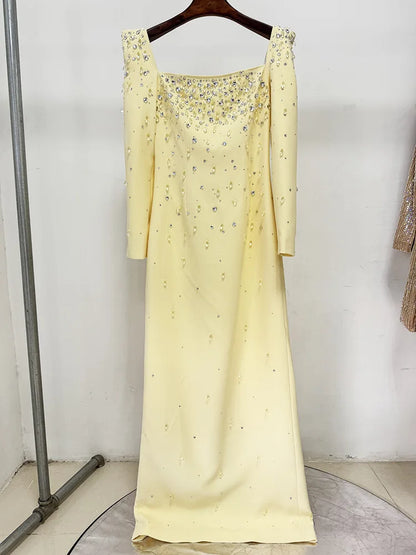 Newest Fashion 2026 Designer Vestido Women's Square Collar Beading Diamonds Long Sleeve Maxi Dress