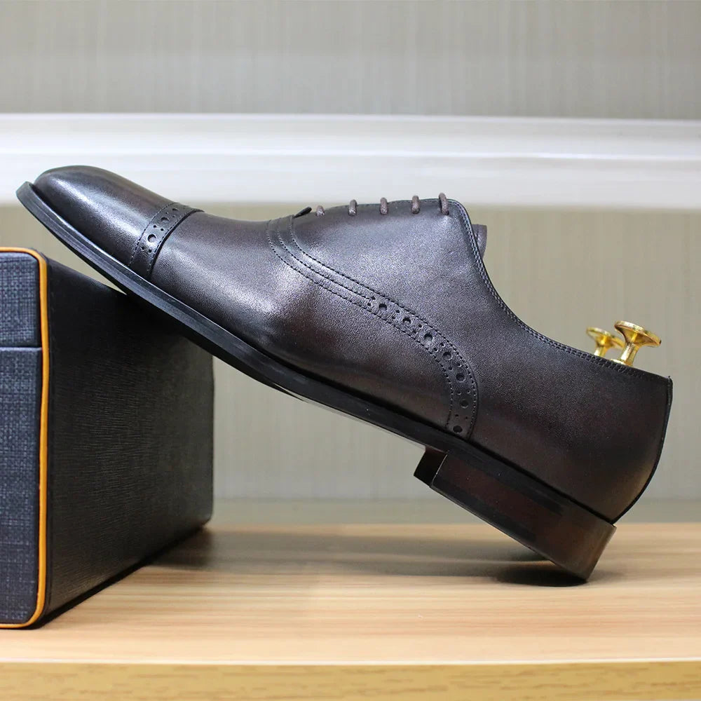 Men's Genuine Leather Oxfords Handmade Cap Toe Dress Shoes Lace-Up Formal Wedding Shoes Business Office Male Footwear