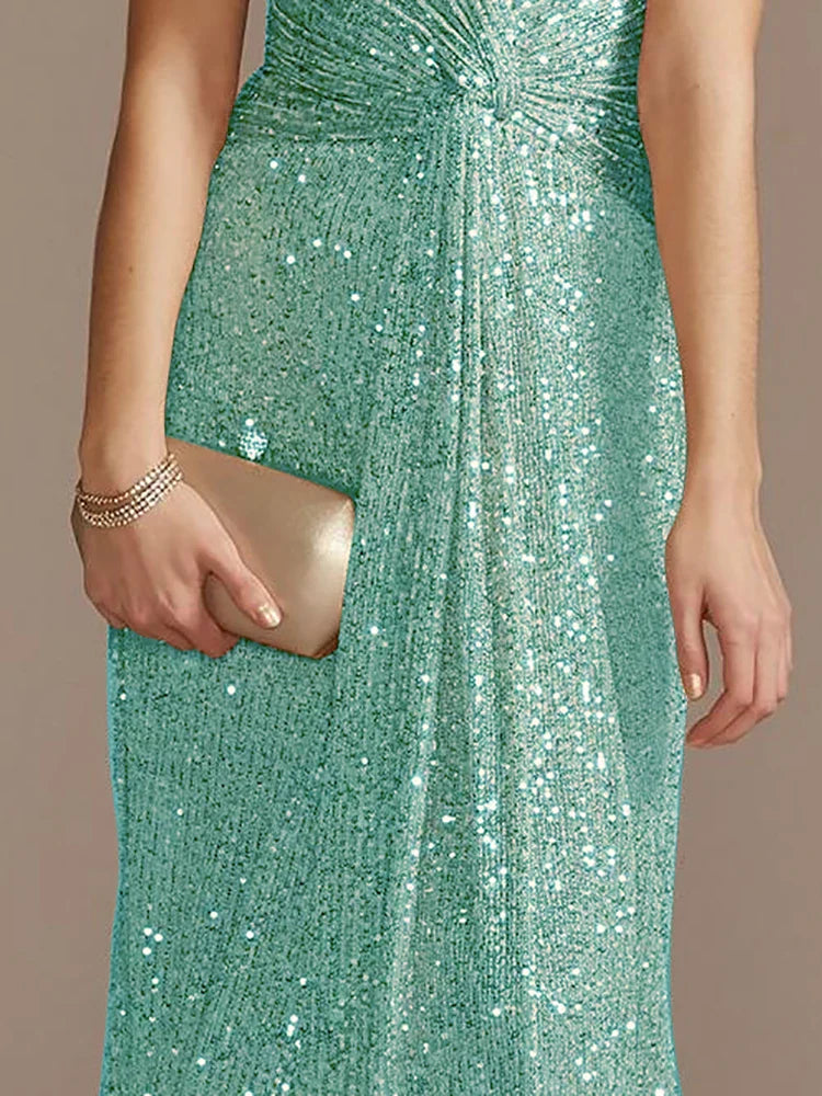 Vestidos de Noite Luxuosos Longos até o Chão Decote V Feminino Elegante para Festa de Casamento Vestido Maxi Lantejoulas Mangas Curtas Vestidos de Baile Coquetel