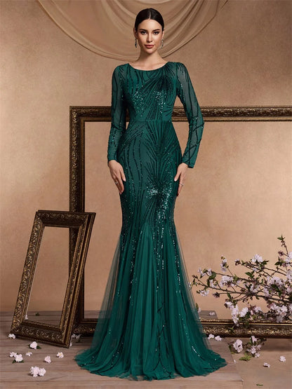 Elegant Long Sleeves Sequin Tulle Evening Dresses 2025 Women Luxury Mermaid Formal Bridesmaid Party Maxi Prom Dress
