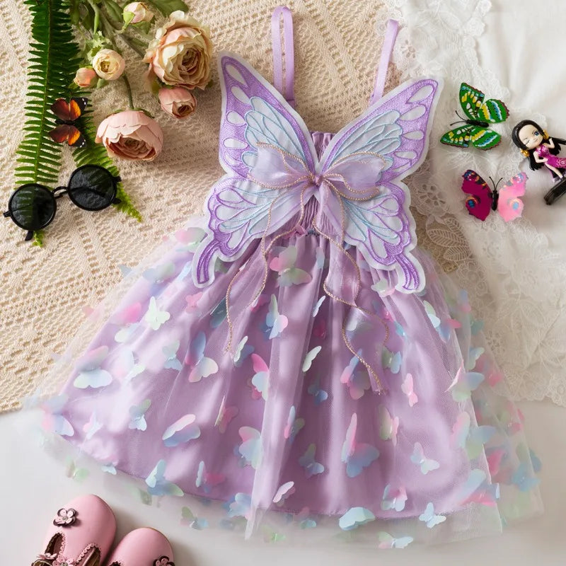 Girls Green Butterfly Dress Summer Children Colorful Mesh Dress Baby Sling Wings Princess Dress for Birthday 2-6T