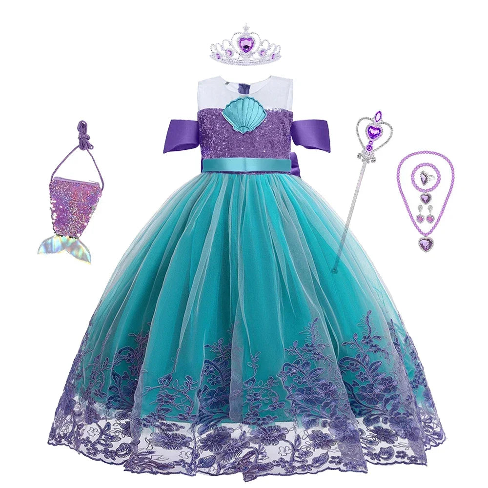 Vestido Ariel Pequena Sereia Princesa Fofa Menina Fantasia Cosplay Infantil Roupa de Festa Aniversário Halloween Vestido de Verão Menina