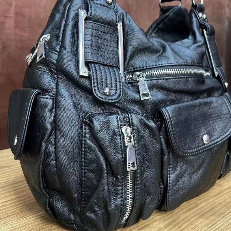 Women's Fashion Y2K Hot Girl Motorcycle Bag Old Lychee Pattern Multi-Pocket Shoulder Crossbody Bag