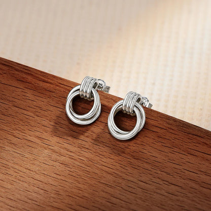Vintage Double Hoop Design S925 Silver Earrings 18KGold Plated Steel Texture Geometric Stud Earring Women for Party