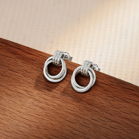 Vintage Double Hoop Design S925 Silver Earrings 18KGold Plated Steel Texture Geometric Stud Earring Women for Party