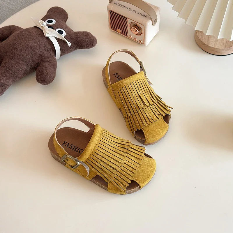 Summer Peep Toe Tassel Children Shoes Girls Sandals Soft Bottom Flat Heel Buckle Girl's Shoes Back Strape Slingbacks Shoe I05285