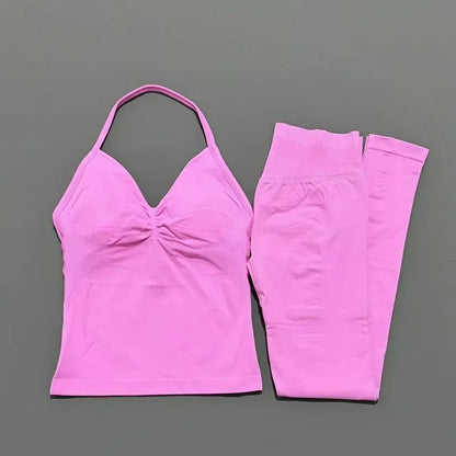 2Piece Sports Gym Set Women Longline Strappy Top Fitness Clothes Seamless Yoga Set Running Workout Sports Leggings Sets