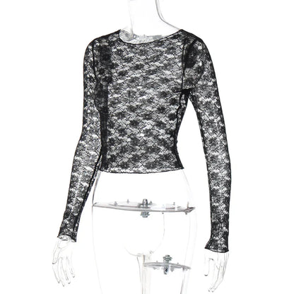 Long Sleeves See Through Lace Crop Top Solid Sexy Bodycon T-Shirt For Women Party Club Spring Summer Clothes