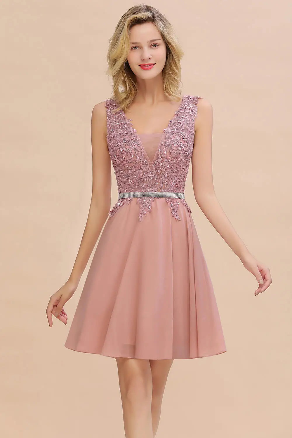 Newest Dusty Pink Sequins Lace Cocktail Dresses With Sashes Sexy V neck A Line Chiffon Short Party Gowns For Prom Evening 2025