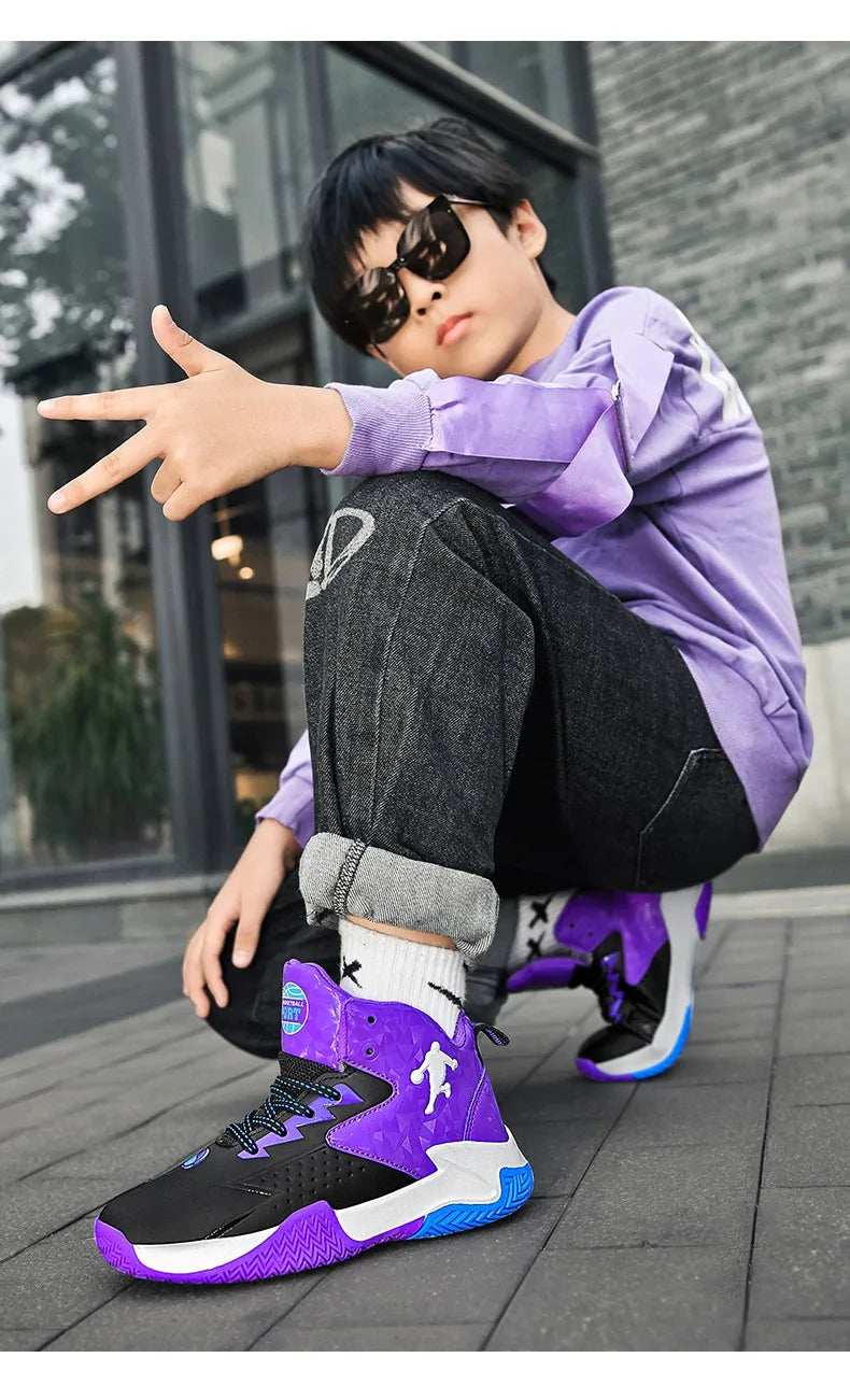 Children‘s Basketball Shoes Non-slip Breathable Basketball Training Sneakers Lace-up Boys Girls Basketball Boots Athletic Shoes