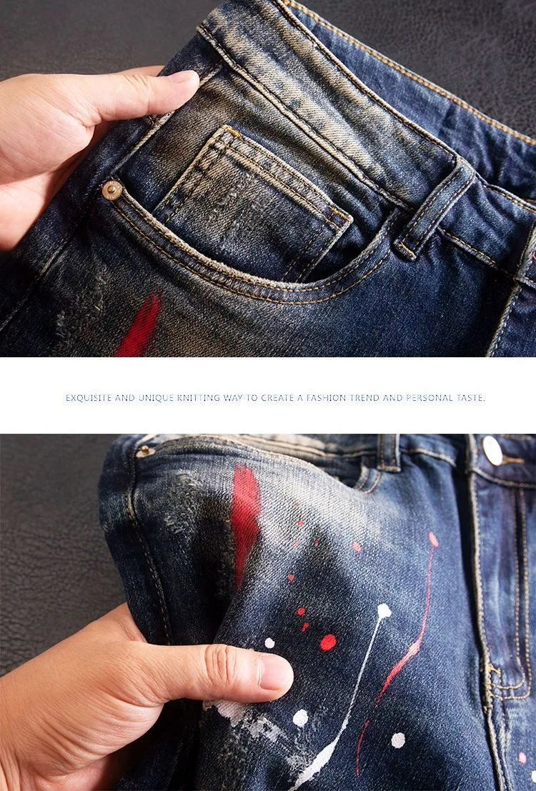 2024 Spring and Autumn New Fashion Trend Printed Straight Leg Stretch Jeans Men's Casual Loose Comfortable High Quality Pants
