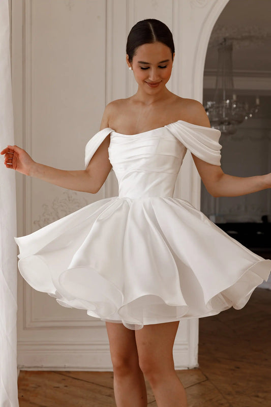 Luxury Satin A-line Mini Wedding Dresses Off the Shoulder Backless Lace Up Ball Gowns Pleats Ruched Exquisite Bridal Dress 2026