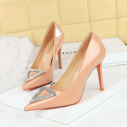 American Banquet High Heels Slim Heels Shiny Patent Leather Shallow Mouth Pointed Toe Shining Rhinestone High Heels Single Shoes