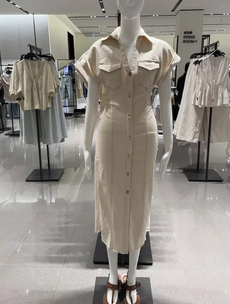 Spring New 1975 series denim MIDI dress with lapel side zipper fashion wrinkle waist slim elegant dress