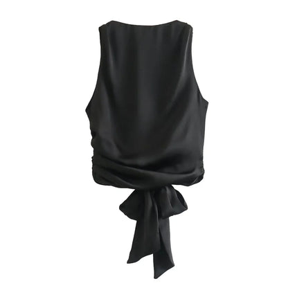 Women Sexy Fashion With Tied Satin Back Open Crop Blouses O Neck Sleeveless Female Shirts Blusas Chic Tops